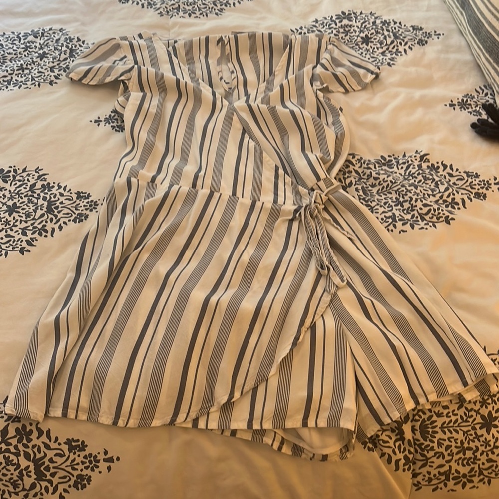 hollister blue and white striped front tie romper
